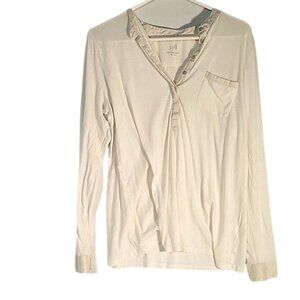 J. Jill Womens Silk-Trimmed‎ Henley Long Sleeve Shirt L White Pima Cotton/Modal